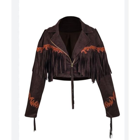 INTO GAIA Sz L Large Cosmic Feelings Vegan Suede Tassel Jacket Crop NWT - Picture 12 of 14